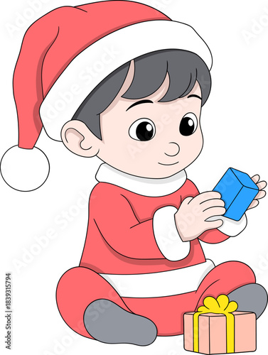 Cute Little Santa Child Opening Christmas Gift Box