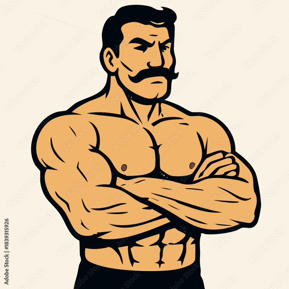 Fototapeta premium Vector cartoon illustration of a retro-style circus strongman or bodybuilder with a mustache crossing his arms and flexing his muscles. Vintage fitness and power concept.