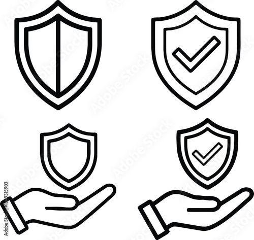 Versatile digital security and protection icon set featuring outline shields and hands illustrating safety and guarantee concepts perfect for web and app design