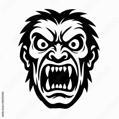 A black and white vector illustration of an angry, shouting monster or beast head with sharp teeth and fur.