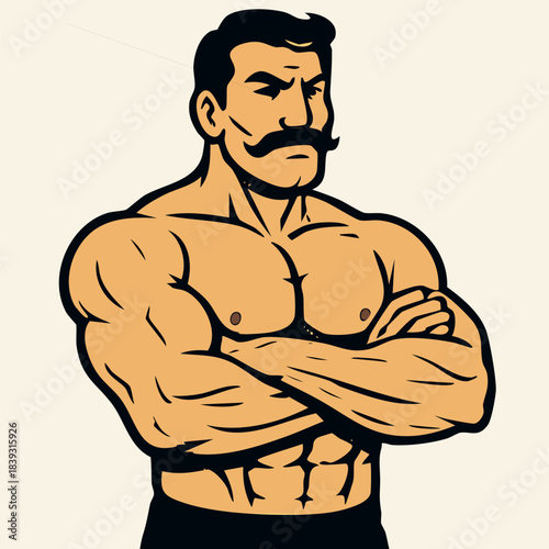 Vector cartoon illustration of a retro-style circus strongman or bodybuilder with a mustache crossing his arms and flexing his muscles. Vintage fitness and power concept.