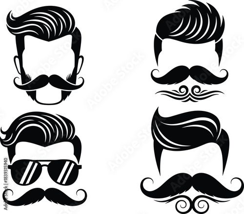 Hipster hairstyle and mustache icons, vintage male grooming silhouettes, barber shop vector designs, stylish beard artwork collection, modern gentleman graphic set