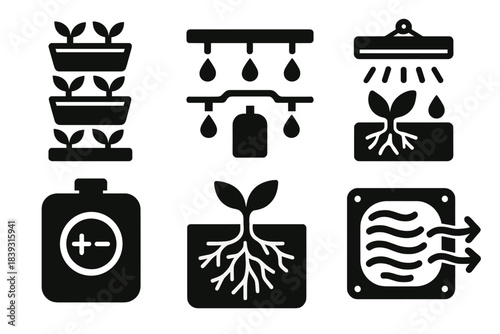 Vertical Growing Icons. Vertical Growing Ecosystems silhouette set: stacked planter, drip irrigation line, grow light panel, nutrient reservoir, root zone icon, airflow vent.