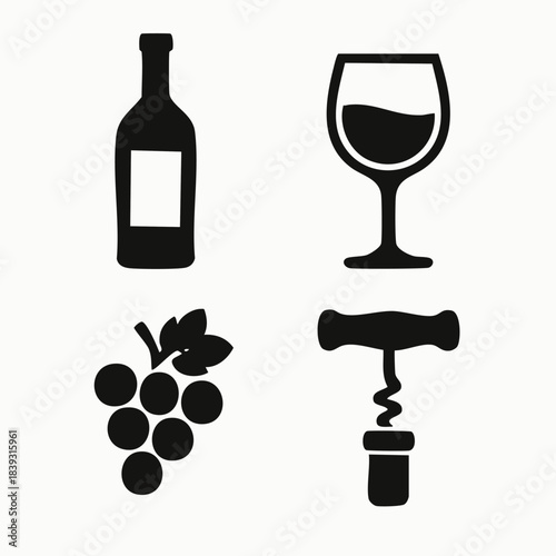 Vector silhouette illustration set featuring a wine bottle, a wine glass, a bunch of grapes, and a corkscrew. Minimalist black icons suitable for restaurant menus, winery logos