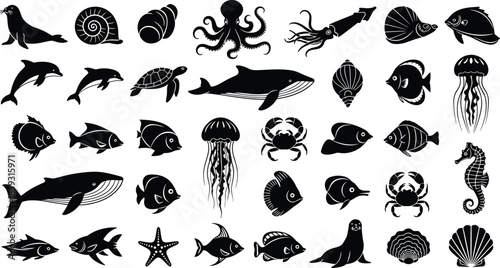 Large collection of marine animal silhouettes including fish, whales, dolphins, jellyfish, crabs, turtles, shells, and sea creatures for ocean-themed artwork and design projects