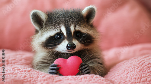 Baby raccoon holding a pink heart on a soft bed, representing innocence, affection, and childhood love for Valentine's Day and sweet adorable emotions