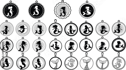 Mermaid pendant silhouette collection featuring decorative frames, ocean fantasy designs, elegant outlines and creative aquatic artwork for jewelry themes, crafts, branding, and illustration projects