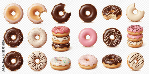 Delicious Assortment of Glazed and Frosted Donuts with Various Toppings on Transparent Background.