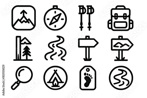 Outdoor Adventure Icons. Outdoor Adventure Icons linear set: mountain ascent chip, navigation compass, trekking pole pair, travel satchel, forest marker stake, flowing river symbol