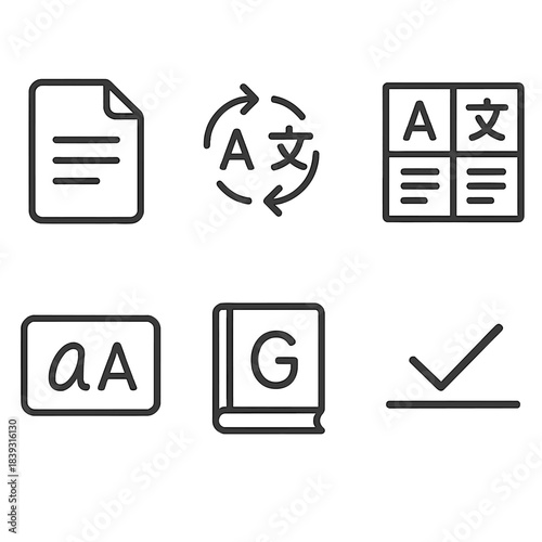Translation Icon Set. Document Translation Essentials linear set: document sheet, language arrows, bilingual text block, phrase card, glossary icon, checkmark line.