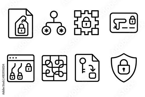 Secure Data Icons. Secure Data Elements linear set: lock-tagged file, encryption algorithm node, ciphertext block, secure key card, protected stream, scramble pattern, decrypt note