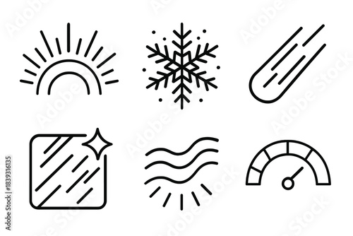 Radiant Polar Icons. Icy Lightscape Forms linear set: radiant polar arc, crystalline glow patch, cool-beam streak, reflective frost tile, lightwave icon, clarity meter.