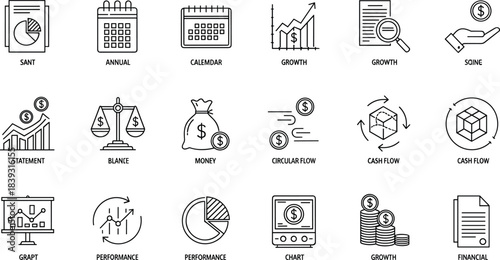 Financial Reporting and Data Analysis Line Icon Set for Accounting, Business, Growth, Performance Metrics, and Cash Flow Statement, Fully Editable Vector
