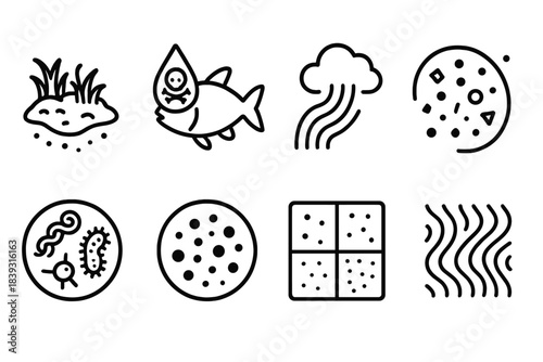 Contaminant Ecology Icons. Contaminant Ecology Micro-View linear set: micro-habitat patch, pollutant–organism contact icon, fine-level chemical plume, particulate drift arc,