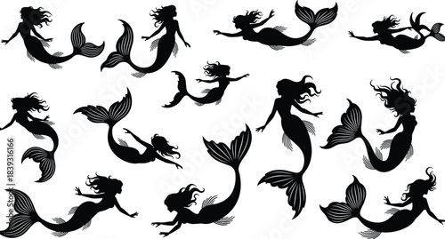 Mermaid silhouette collection featuring flowing hair, elegant fins, dynamic underwater poses, detailed tails and fantasy sea elements for creative artwork, illustrations, and design projects
