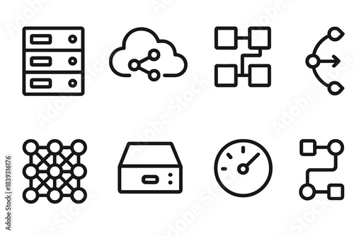 Tech Infrastructure Icons. Modern processing environments linear set: server rack tile, cloud node, workflow bar, data pipeline arc, compute cluster icon, storage module,