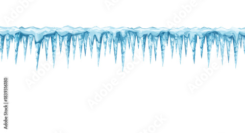 horizontal row of crystalline vector icicles in icy blue and cyan hues, sharp tips, smooth gradients, isolated on a transparent background, ideal for a festive winter border design concept