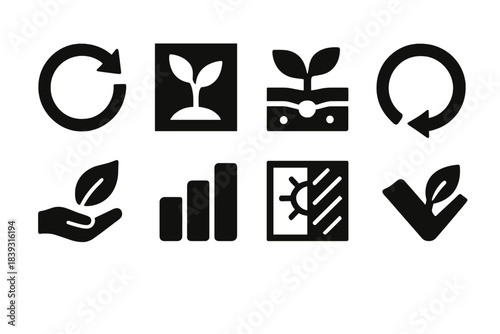 Eco Harvest Icons. Eco Harvest Modes silhouette set: renewal arrow line, regrowth sprig tile, soil vitality node, nutrient loop ring, minimal-impact harvest icon, ecological rhythm