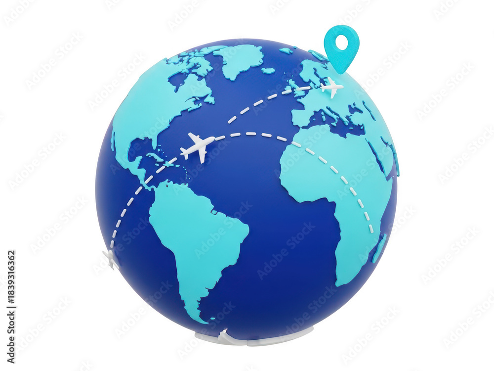 Naklejka premium 3d cartoon globe with travel routes, airplanes, and map pin, isolated on transparent background