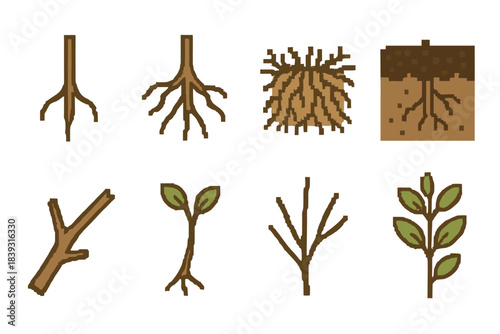 Root System Icons. Root & Limb Formation set of icons in flat pixel vector style: root tap line, branching root arms, fibrous mat, soil-root interface, sturdy branch, offshoot