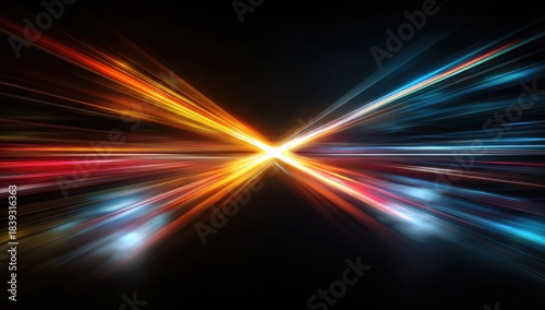 Abstract image showing converging orange and blue light beams on black background, creating a central glow