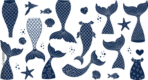Mermaid tail silhouette collection with ocean elements including fish, shells, bubbles, hearts, and starfish for creative nautical designs and illustrations