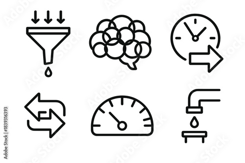 Decision Pressure Icons. Decision Stress Mechanisms linear set: pressure funnel, overloaded thoughts cloud, tight-timing dial, urgency arrow, conflict symbol, clarity drain meter.
