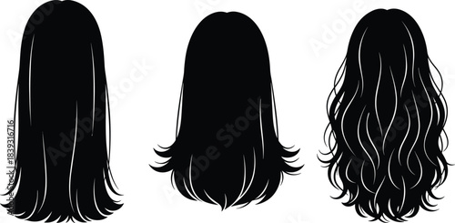 Silhouette collection of long female hairstyles featuring straight, layered, and wavy hair designs for beauty, fashion, salon branding, and creative illustration projects