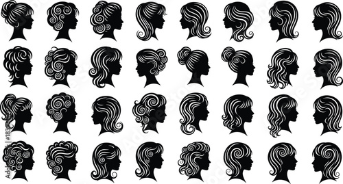 Silhouette collection of female hairstyles featuring curls, waves, updos, ponytails, and elegant hair shapes for beauty, salon branding, fashion design, and creative projects