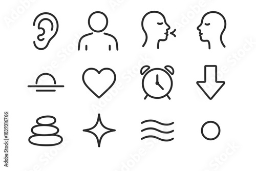 Calmness Symbol Icons. Calm & Presence Symbols linear set: quiet ear, relaxed shoulders icon, inhale icon, exhale icon, soft horizon, warm heart, mindful timer, slow-down arrow,
