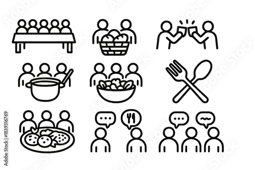 Communal Dining Icons. Communal Dining Scenes linear set: long table layout, shared bread basket, communal soup pot, group toast gesture, mixed salad bowl, serving utensils pair,