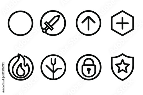 RPG Skill Icons. RPG skill path set linear set: node circle, ability emblem, upgrade arrow, passive bonus icon, active skill flame, specialization branch, unlock ring, mastery