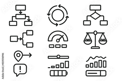 Dynamic Workflow Icons. Responsive Work Systems linear set: workflow map, adaptive cycle ring, conditional step icon, scenario branch, performance dial, workload balance scale,
