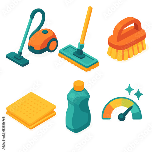 Stylish Cleaning Tools. Household Cleaning Set flat isometric set: vacuum cleaner, microfiber mop, scrub brush, floor cloth, solution bottle, cleanliness meter.