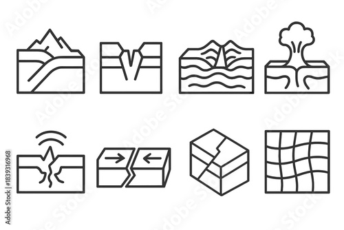 Tectonic Icon Set. Tectonic Activity Set linear set: subduction zone, rift valley, mid-ocean ridge, mantle plume, seismic waves, crust movement arrows, fault block, deformation