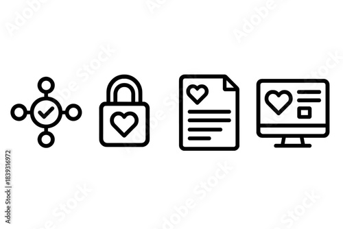 Connected Health Icons. Connected Health Record Systems linear set: exchange-ready node, safe-transfer band, multi-source record panel.