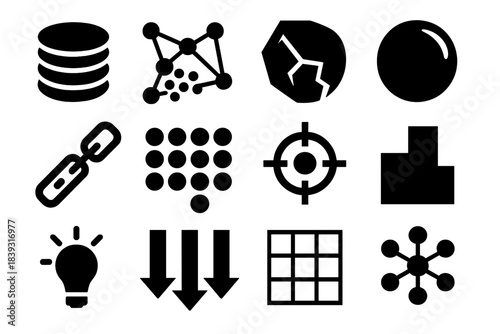 Brutalist Thought Icons. Thought Mechanism Themes silhouette set: layered thoughts, connection web, memory shard, reflective bubble, logic chain, pattern cluster, focus symbol,