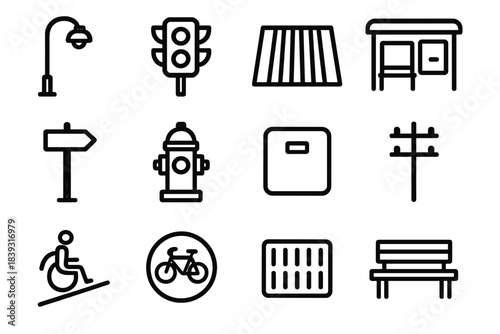 Urban Icon Set. Urban System Components linear set: street lamp, signal head, zebra crossing, bus kiosk, route sign, hydrant icon, service hatch, electric pole, walkway slope,