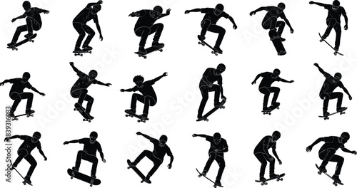 Skateboarder silhouettes performing tricks, collection of dynamic skateboarding poses, extreme sport vector illustrations for action movement, street culture, freestyle stunts and urban design