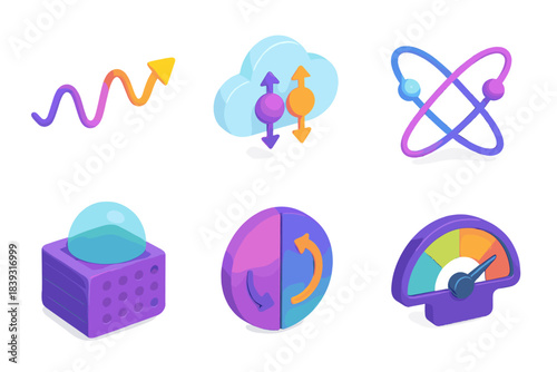 Quantum Communication Icons. Quantum Communication Dynamics flat isometric set: photon signal line, superposition cloud, correlation pathway, decoherence shield tile, phase shift