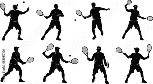 Tennis player silhouettes in action, various forehand and backhand poses, dynamic sports vector illustrations for athletic movement, competition, training, and fitness designs