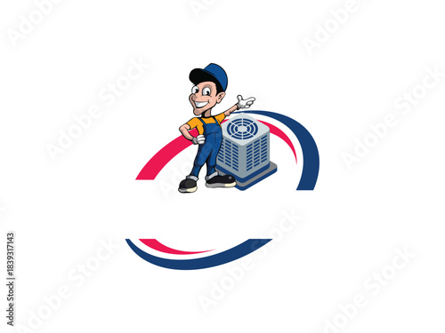 Energetic cartoon repairman with cooling unit