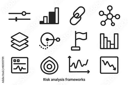 Risk Analysis Icons. Risk Analysis Frameworks linear set: probability slider, consequence bar, event chain link, root cause node, control hierarchy stack, monitoring scope ring,