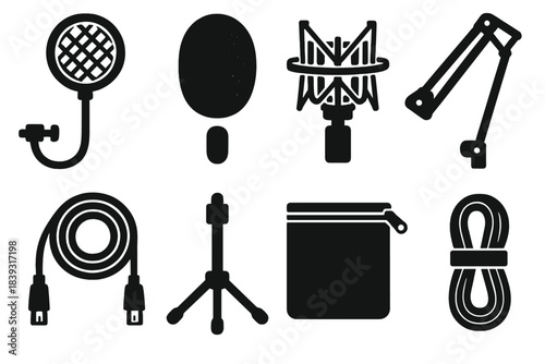 Brutalist Mic Accessory Icons. Mic Accessory Set silhouette set: metal pop filter, dual-layer windscreen, elastic shock mount, adjustable boom arm, coiled XLR cord, table tripod