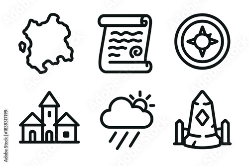 Fictional World Icons. Fictional World Features linear set: landmass shape, lore scroll, ancient relic, village icon, weather sign, boundary marker.