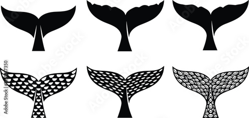 Whale tail silhouette collection, ocean marine fluke designs, decorative sea animal icons, black vector illustration set, nature inspired aquatic artwork