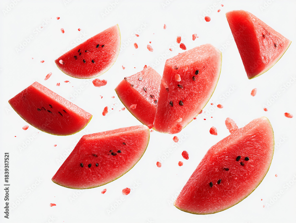 Fototapeta premium Assorted fresh watermelon slices and juicy droplets in dynamic motion against white.