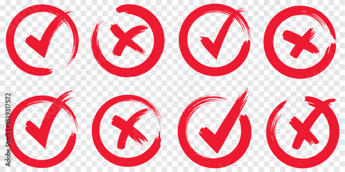Check tick mark icon set. Cross box x check mark checkbox v list vector draw hand drawn sketch doodle brush marker checklist symbol wrong right circle. Vector