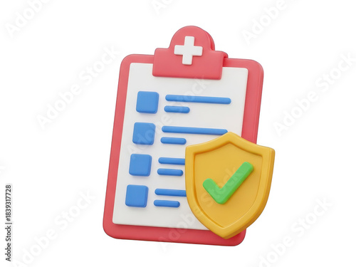 Isometric 3d icon of medical health insurance clipboard with checklist and shield, isolated on transparent background
