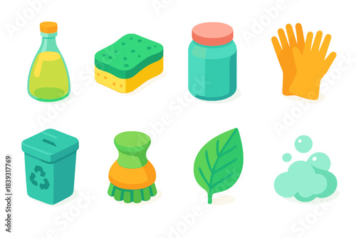 Eco Cleaning Icons. Green Cleaning Essentials isometric flat set: vinegar bottle, eco sponge, baking soda jar, reusable gloves, low-waste bin, wooden scrubber, air-purifying leaf,